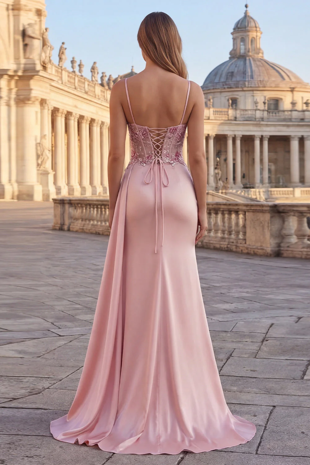 Pink Mermaid Floral Ruched Corset Long Prom Dress with Side Cape - Image 2