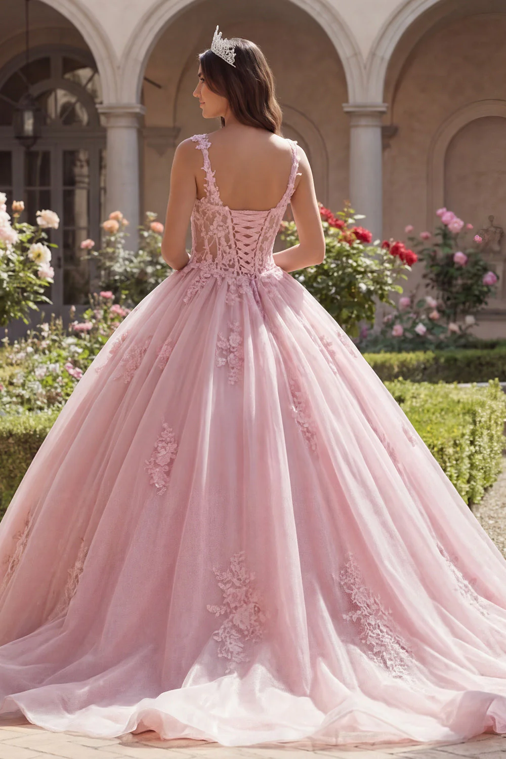 Pink Spaghetti Straps Corset Appliqued Ball Gown Quinceanera Dress - Image 2