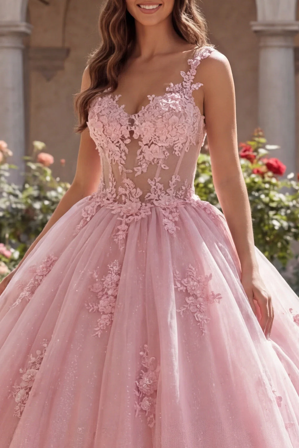Pink Spaghetti Straps Corset Appliqued Ball Gown Quinceanera Dress - Image 3