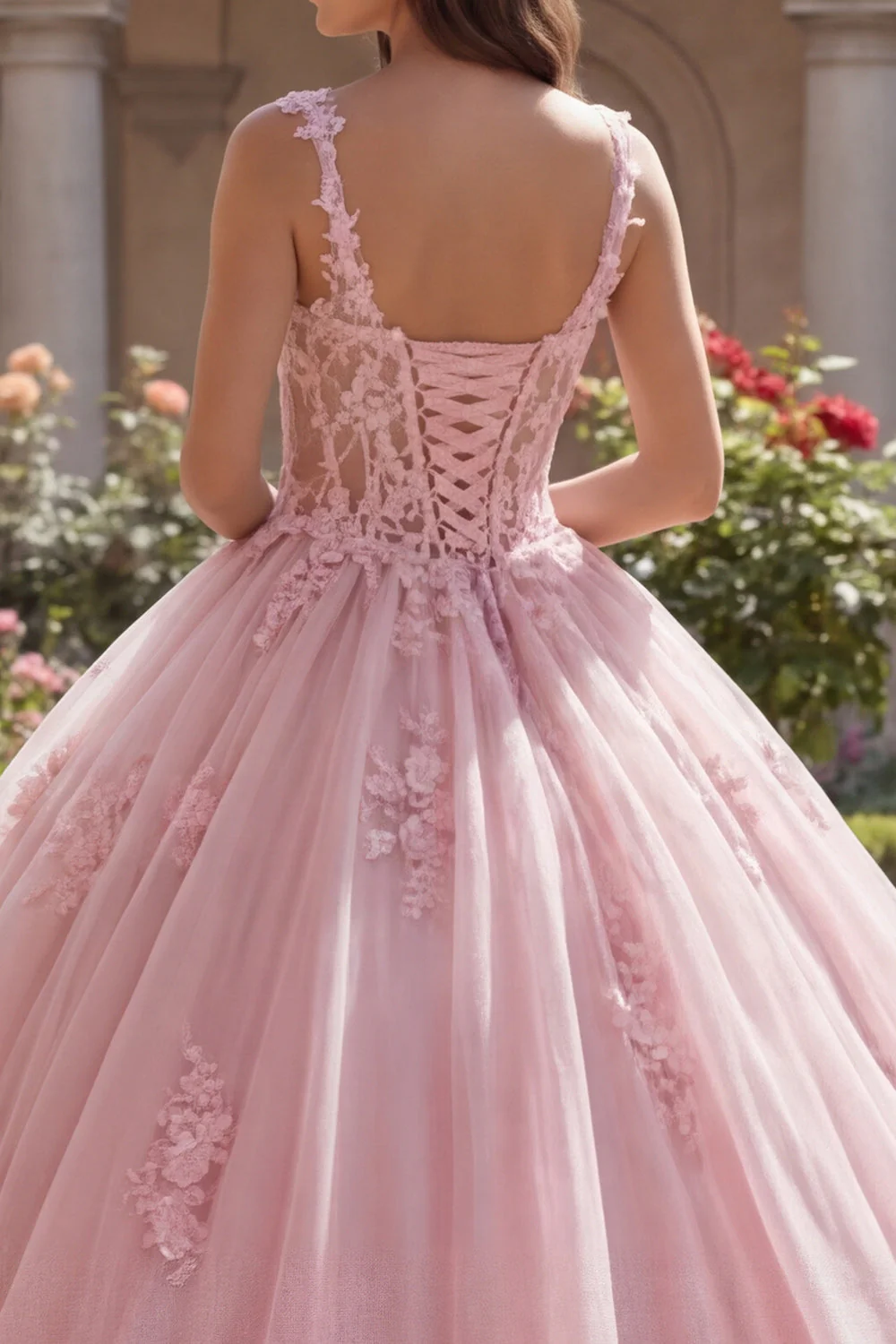Pink Spaghetti Straps Corset Appliqued Ball Gown Quinceanera Dress - Image 4
