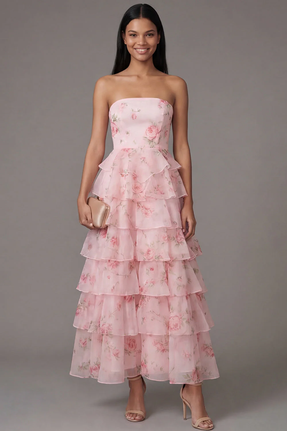 Pink Strapless A-Line Chiffon Tiered Printed Long Floral Dress