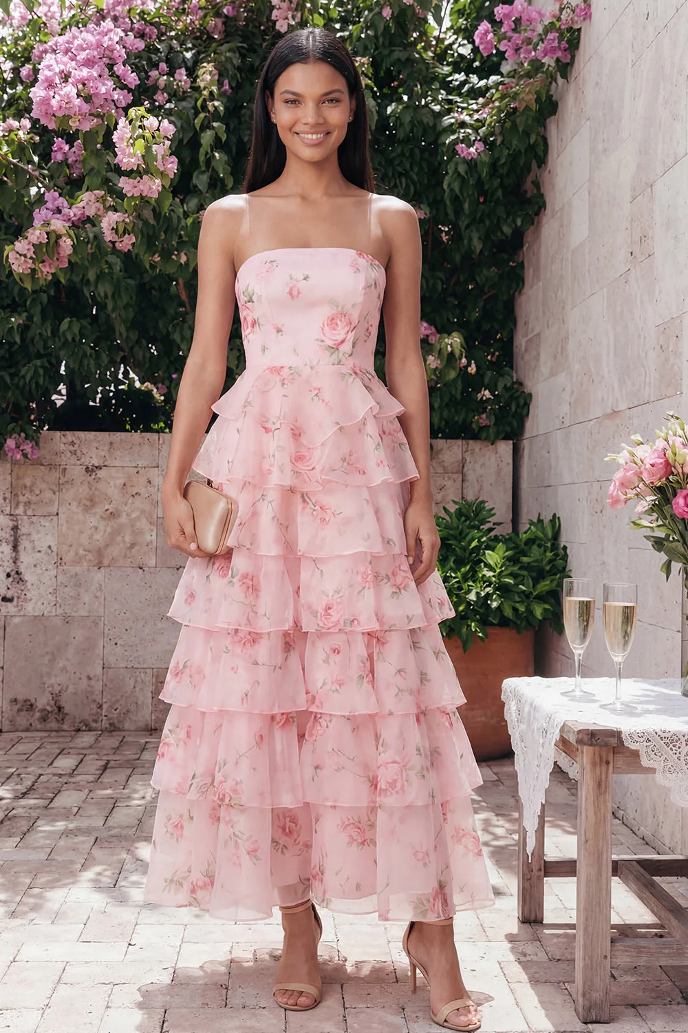 Pink Strapless A-Line Chiffon Tiered Printed Long Floral Dress - Image 2