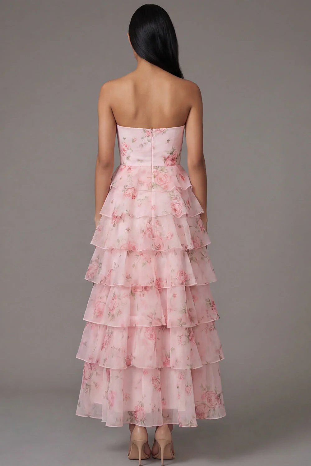 Pink Strapless A-Line Chiffon Tiered Printed Long Floral Dress - Image 3