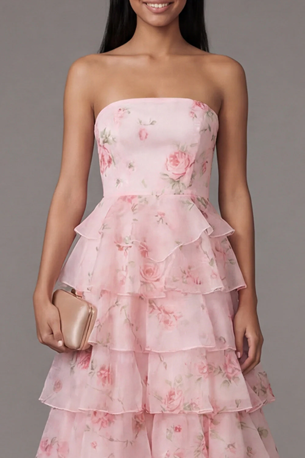 Pink Strapless A-Line Chiffon Tiered Printed Long Floral Dress - Image 4