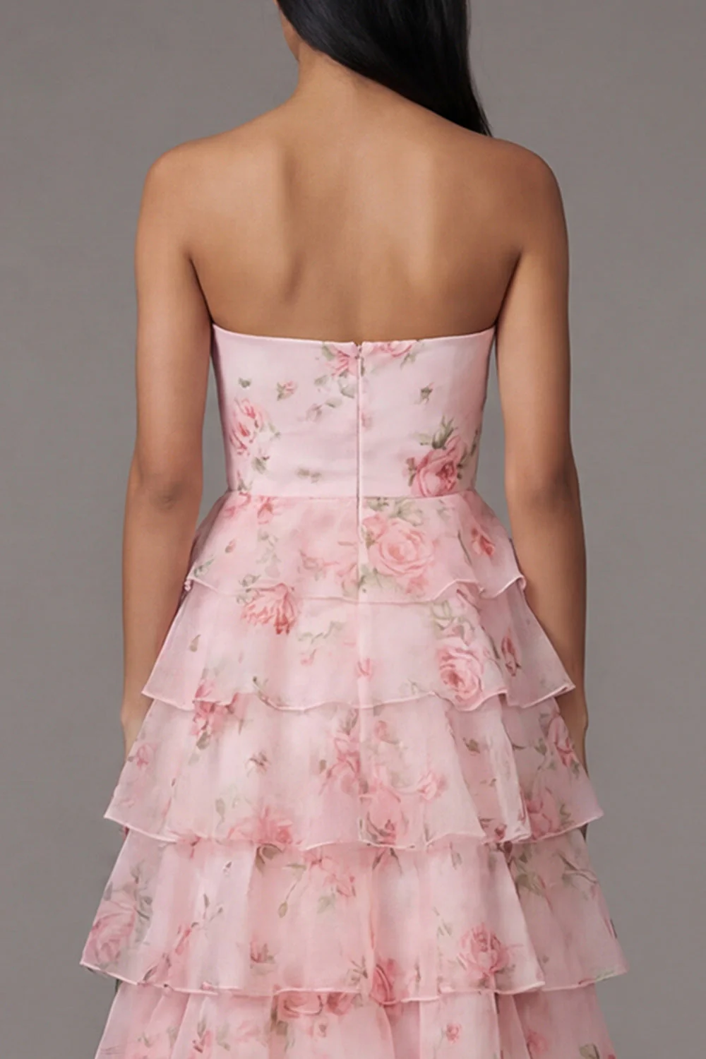 Pink Strapless A-Line Chiffon Tiered Printed Long Floral Dress - Image 5