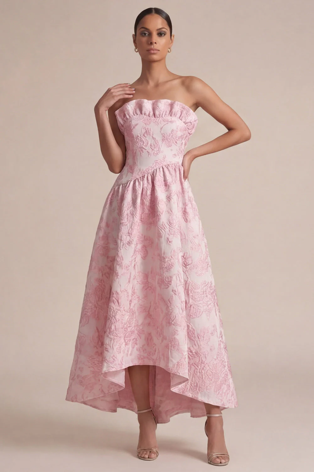 Pink Strapless A Line Maxi Floral Dress
