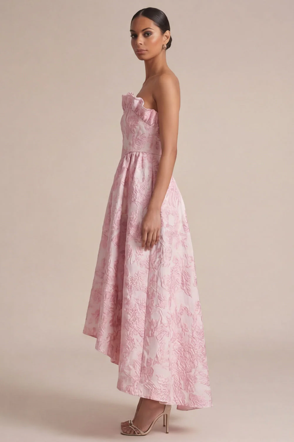Pink Strapless A Line Maxi Floral Dress - Image 3