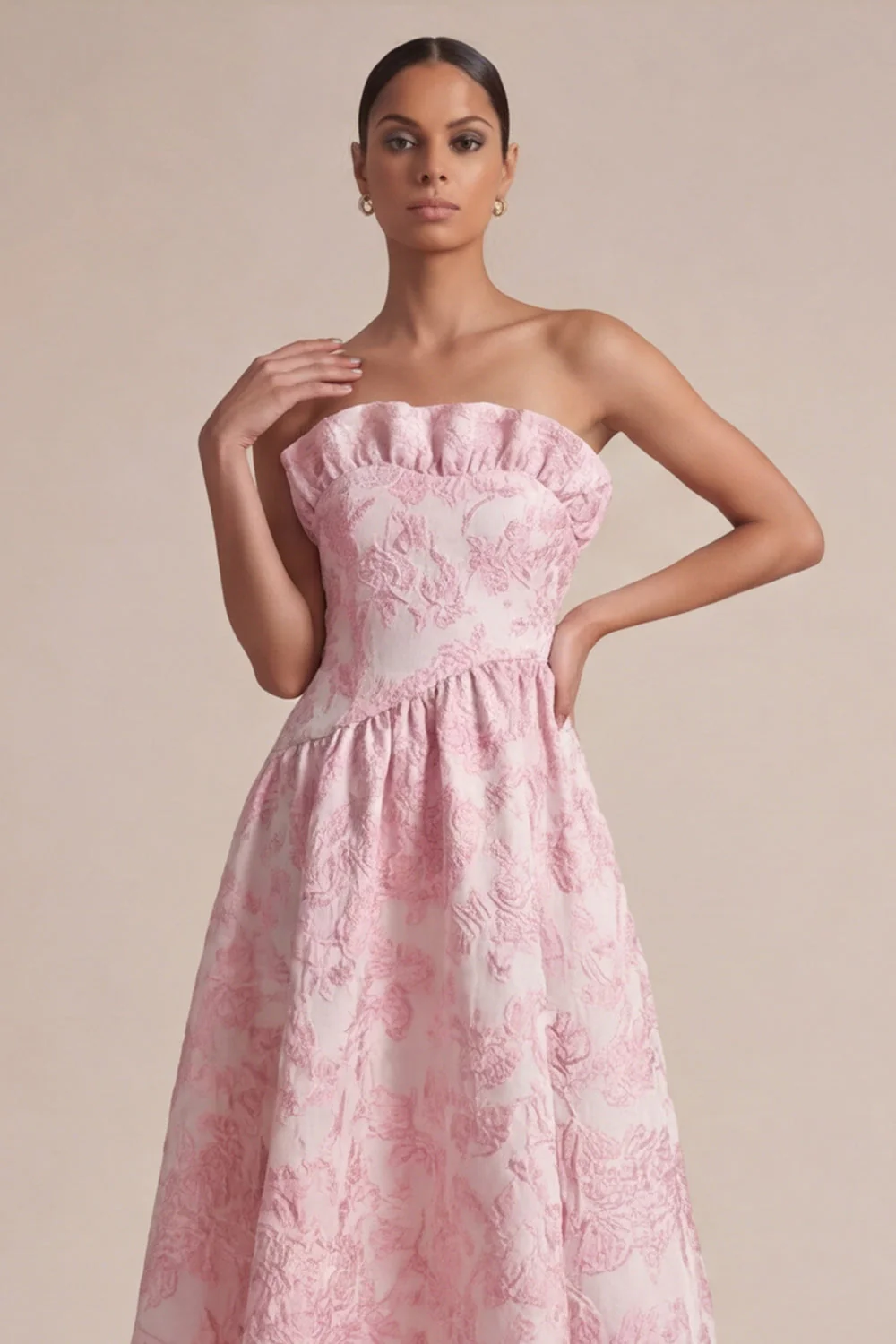 Pink Strapless A Line Maxi Floral Dress - Image 4
