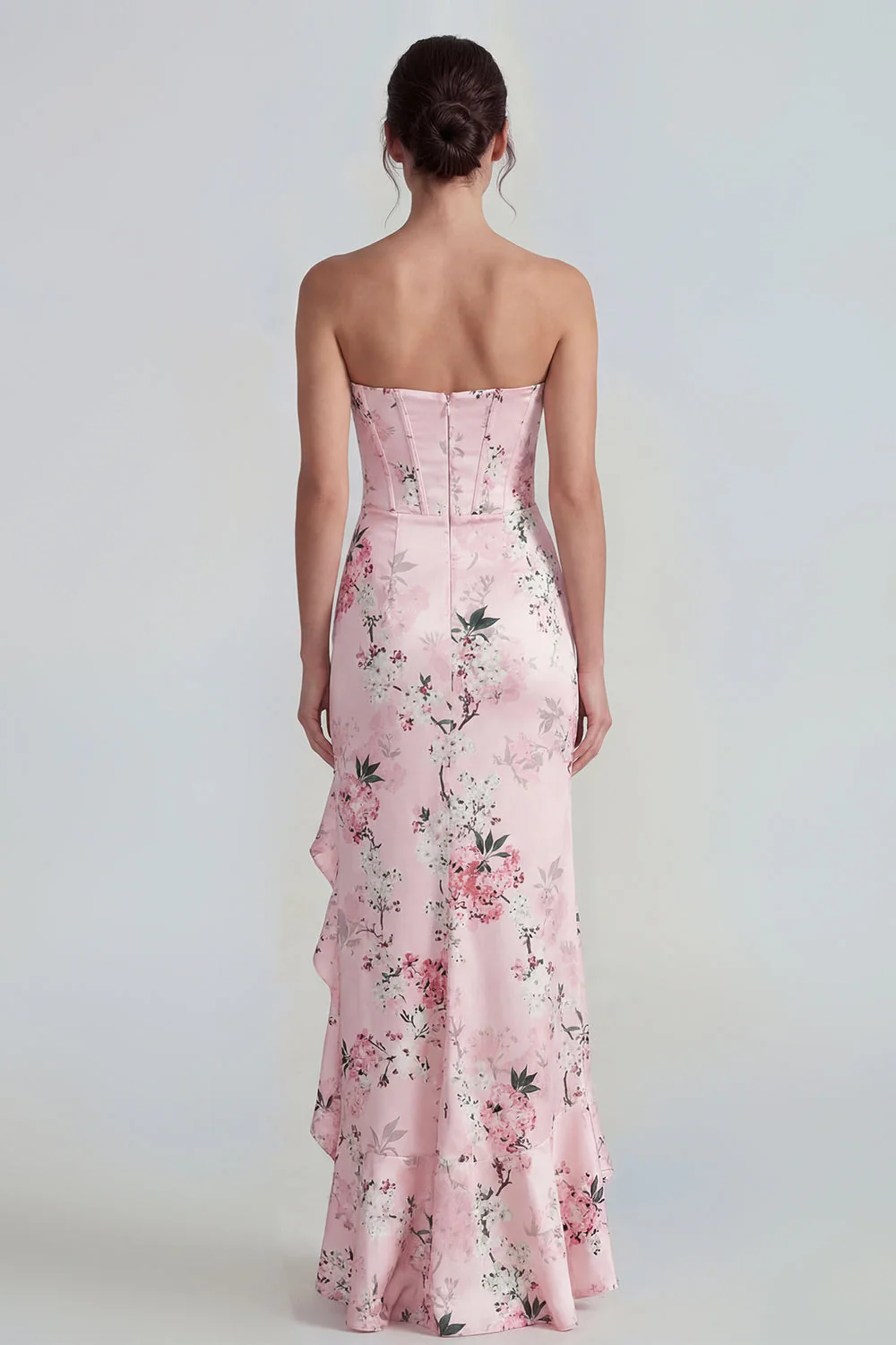 Pink Strapless Sheath Corset Long Floral Dress with Ruffle Slit - Image 2