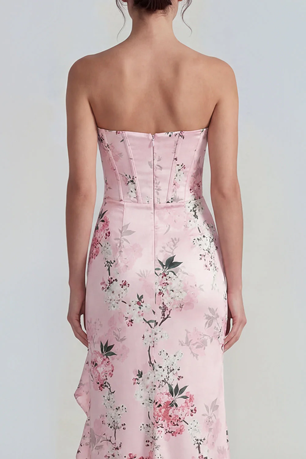 Pink Strapless Sheath Corset Long Floral Dress with Ruffle Slit - Image 4