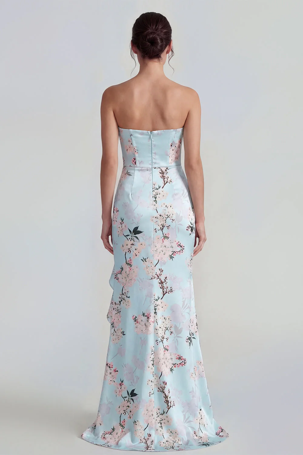 Pink Strapless Sheath Corset Long Floral Dress with Ruffle Slit - Image 6