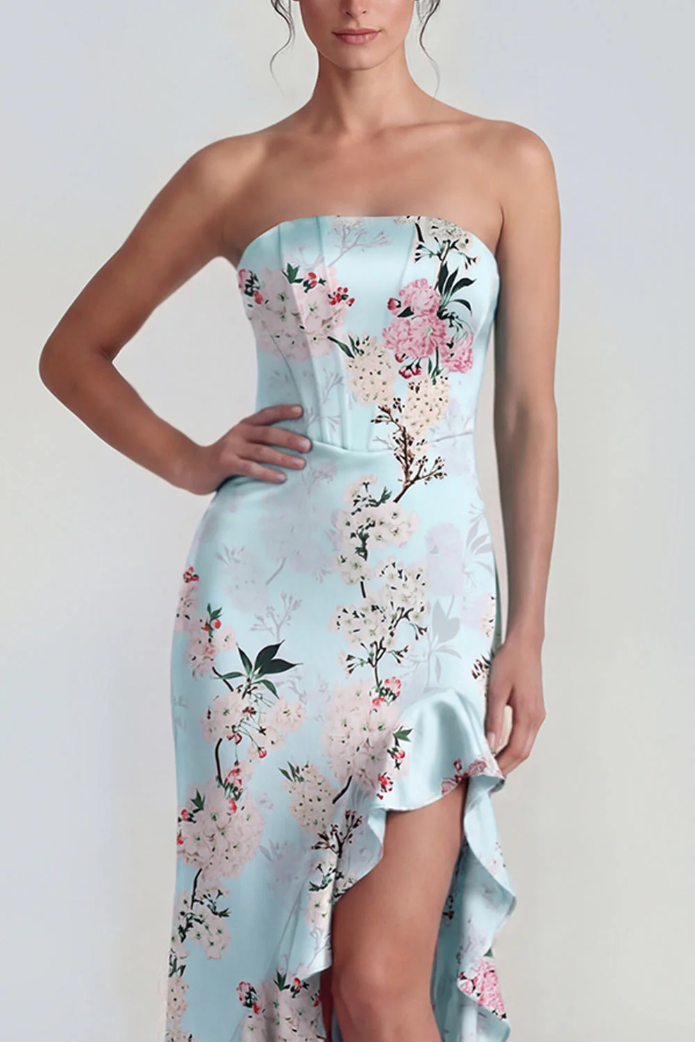 Pink Strapless Sheath Corset Long Floral Dress with Ruffle Slit - Image 7