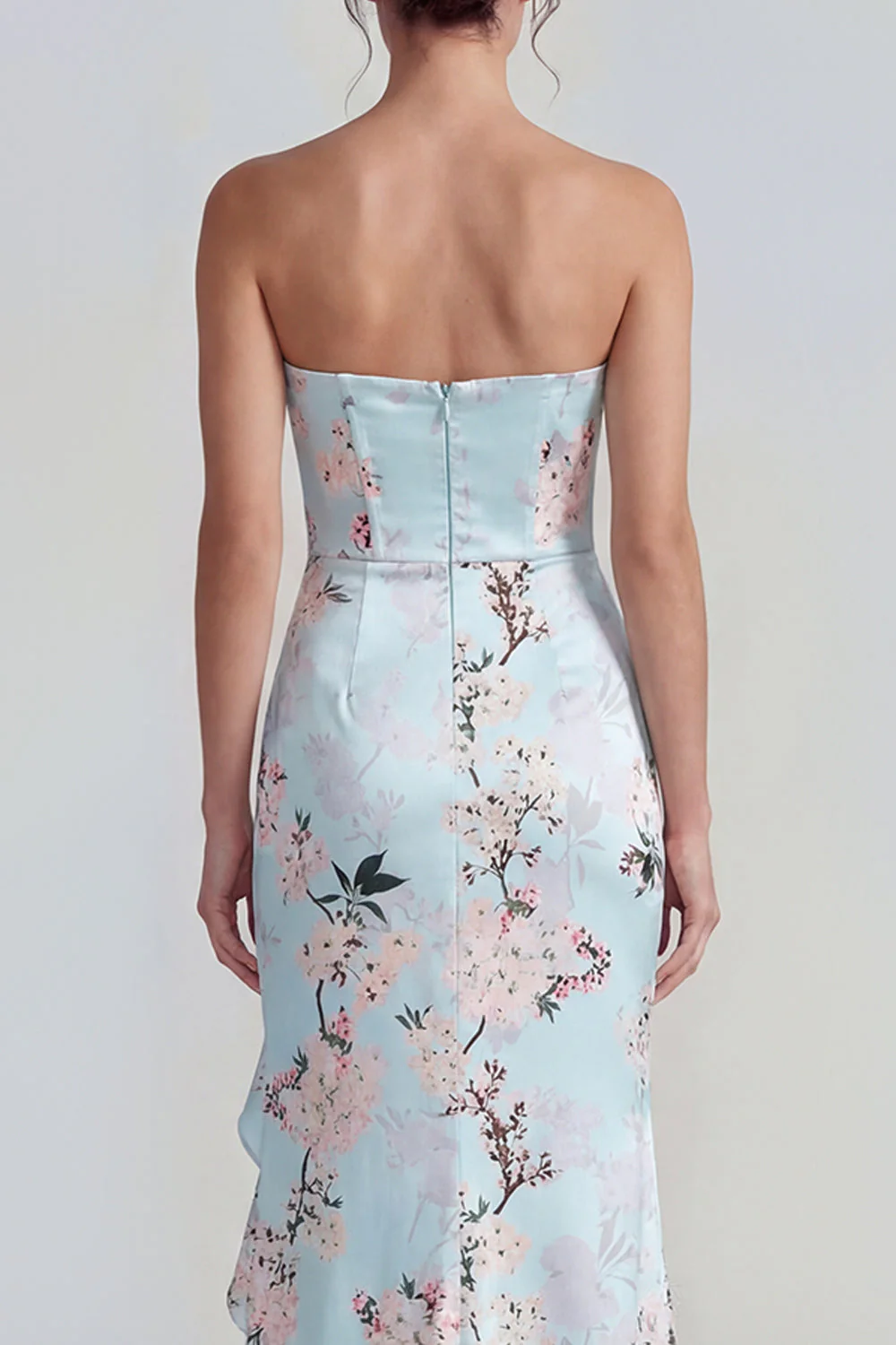 Pink Strapless Sheath Corset Long Floral Dress with Ruffle Slit - Image 8