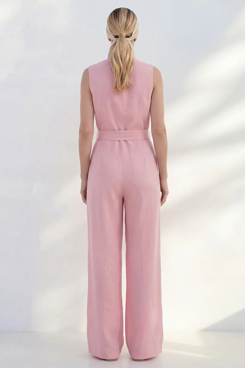 Pink V-Neck Long Women's Work Suit with Belt - Image 2