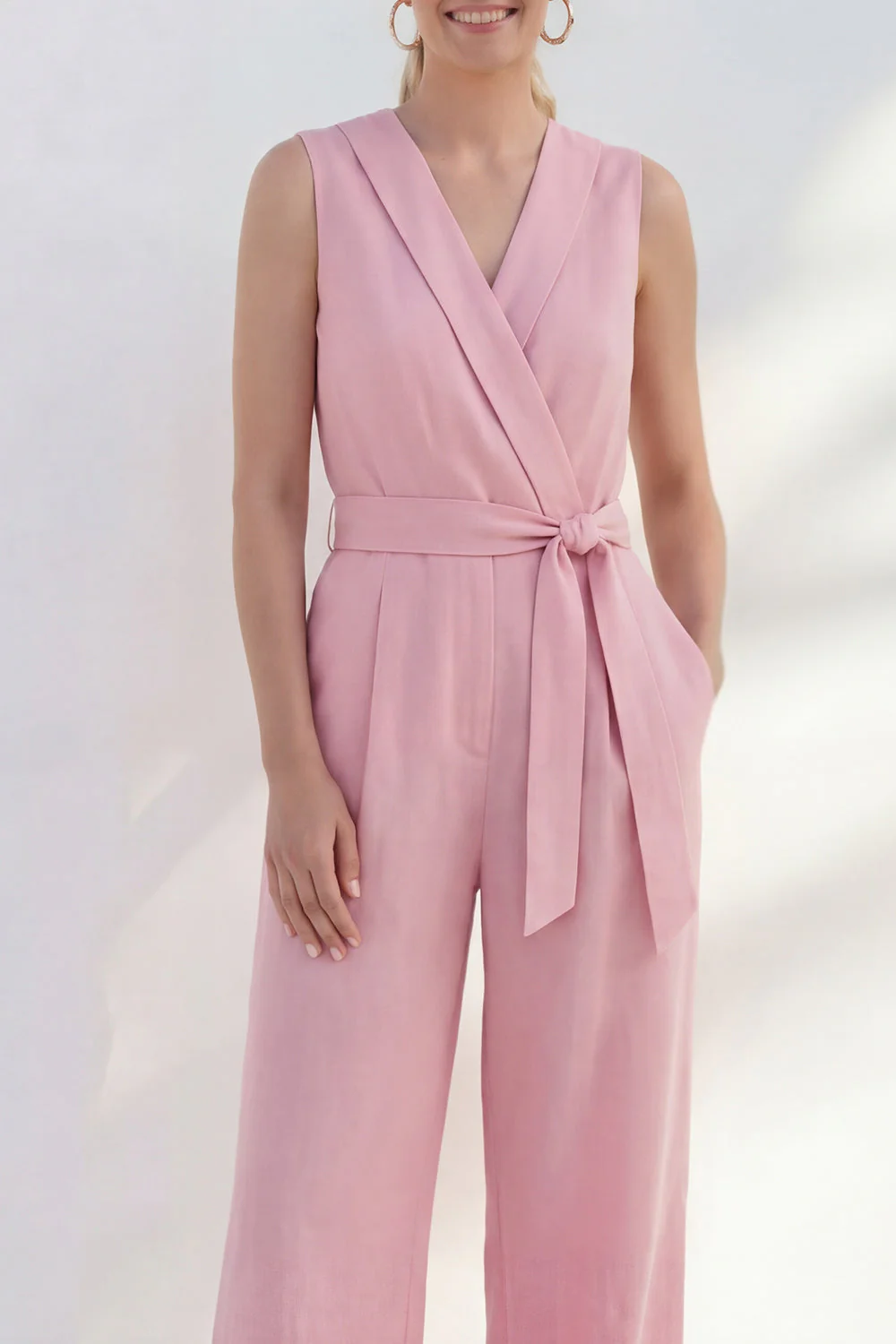 Pink V-Neck Long Women's Work Suit with Belt - Image 3