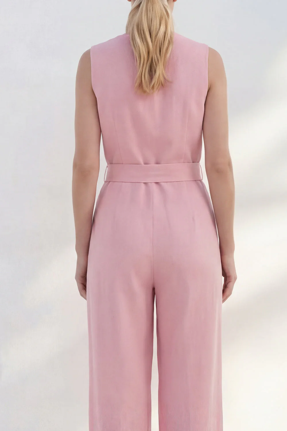 Pink V-Neck Long Women's Work Suit with Belt - Image 4
