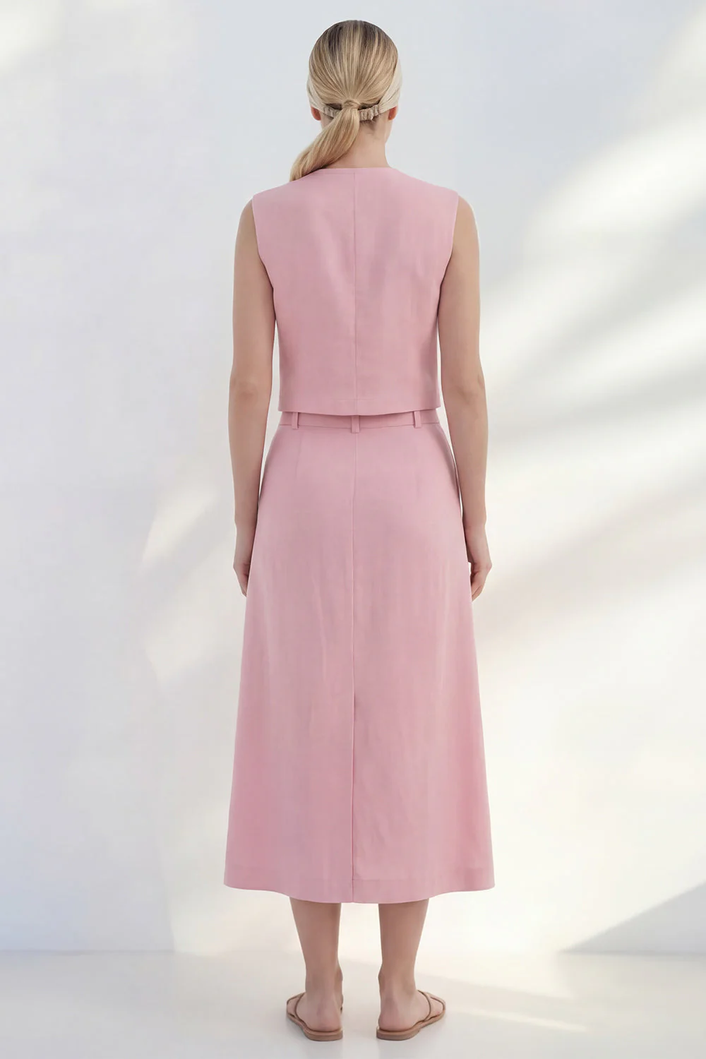 Pink V-Neck Double Breasted Midi Work Dress with Slit - Image 2