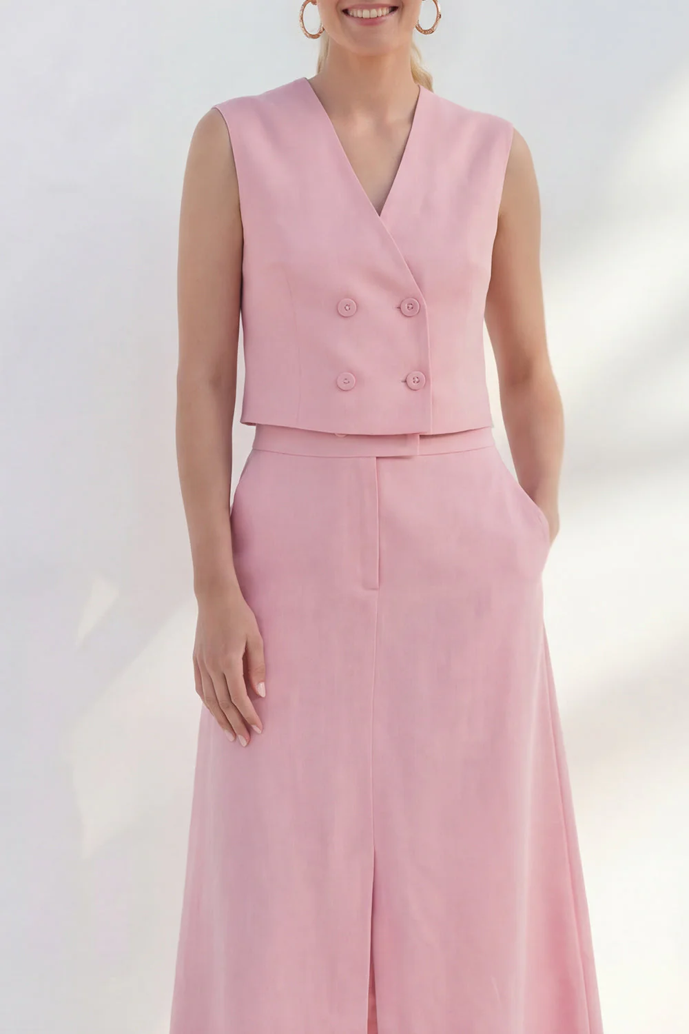 Pink V-Neck Double Breasted Midi Work Dress with Slit - Image 3