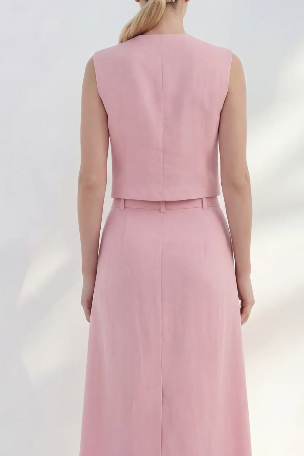 Pink V-Neck Double Breasted Midi Work Dress with Slit - Image 4