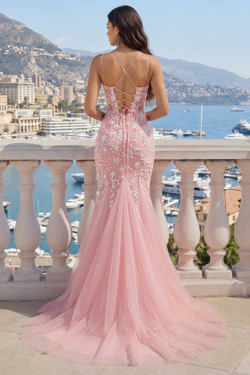 Pink Mermaid Appliqued Lace Up Back Long Prom Dress with Slit - Image 2