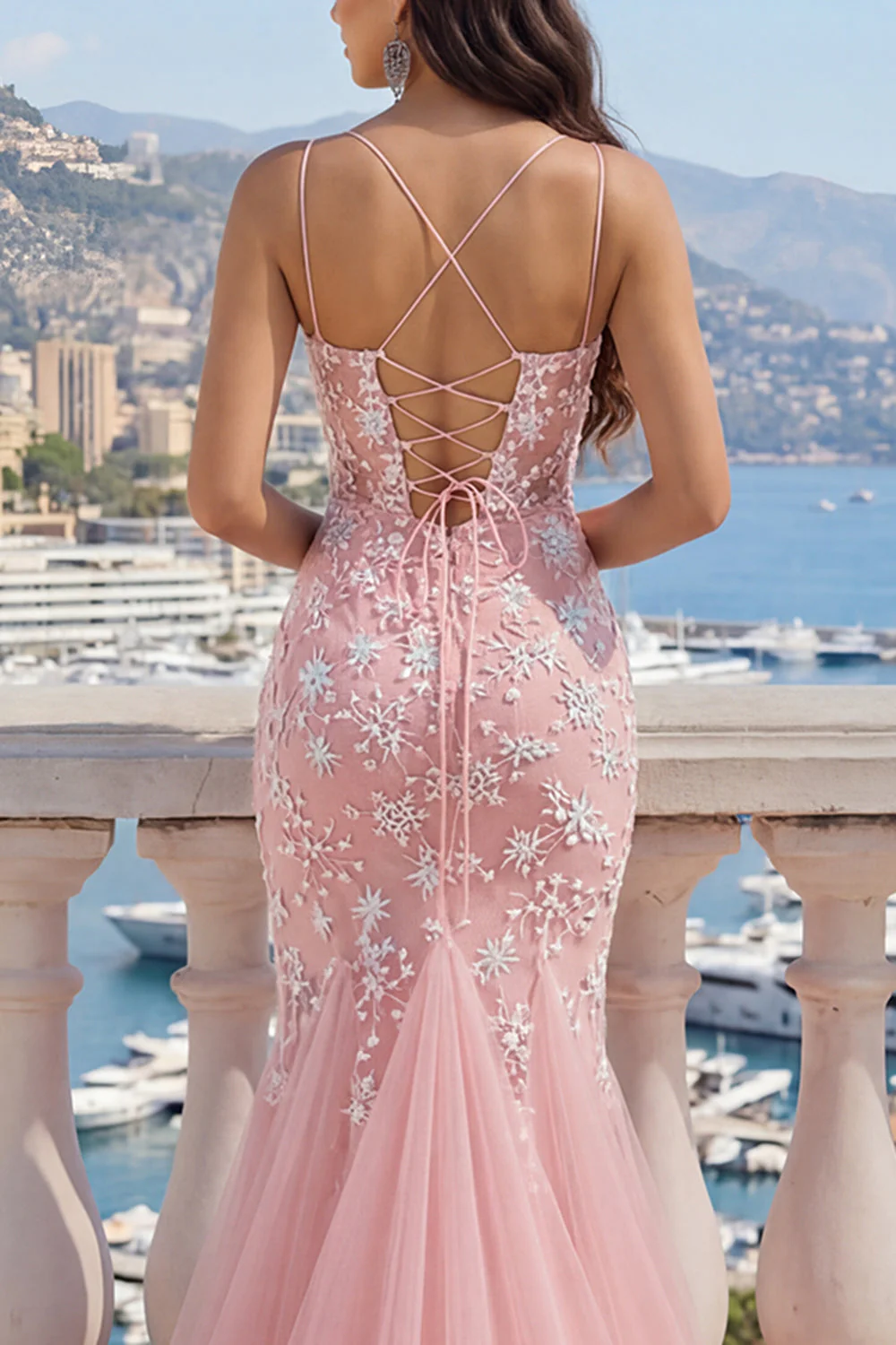 Pink Mermaid Appliqued Lace Up Back Long Prom Dress with Slit - Image 4