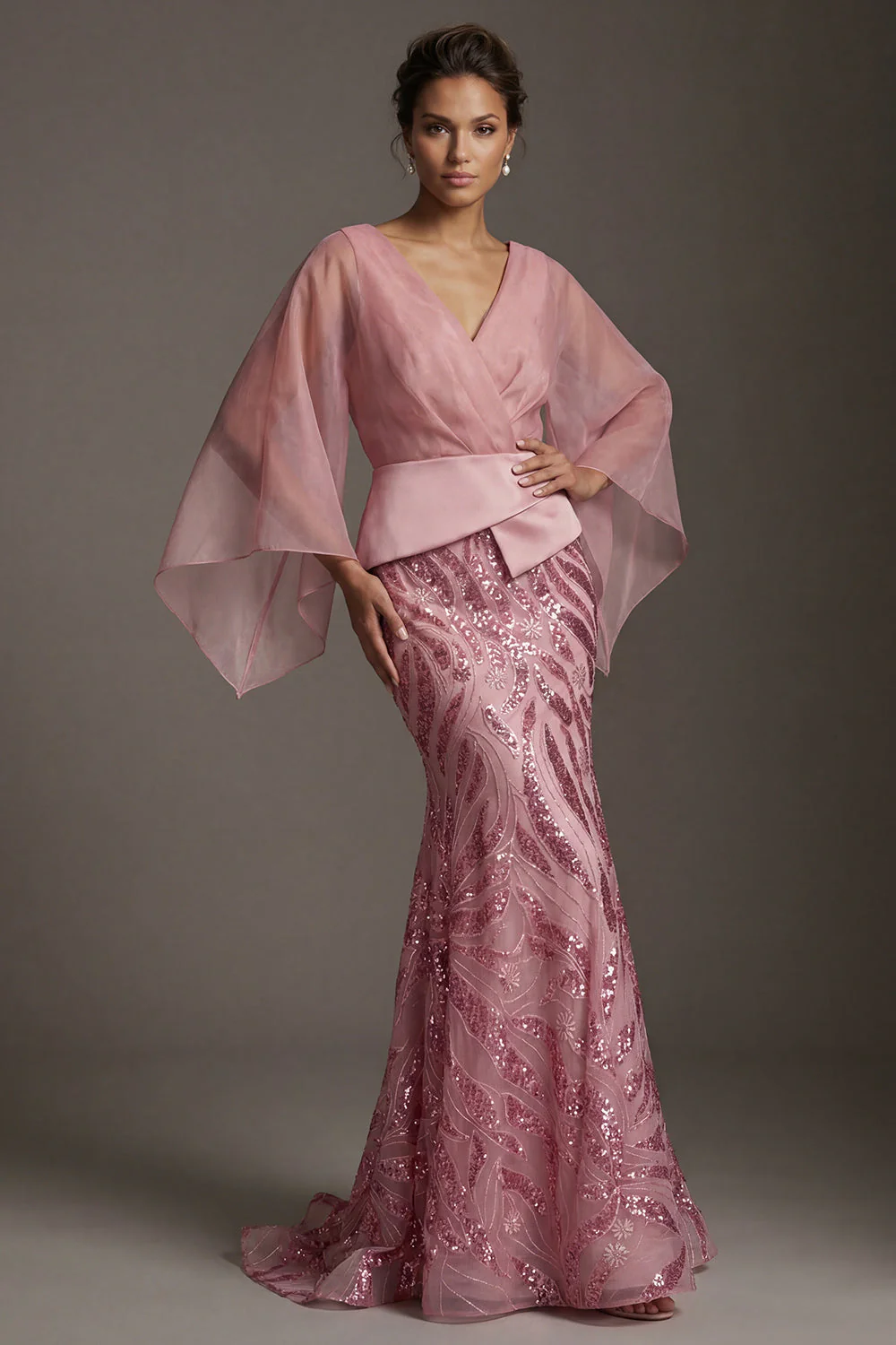Pink V-Neck Mermaid Sequin Mother of the Bride Dress with Cape Sleeves