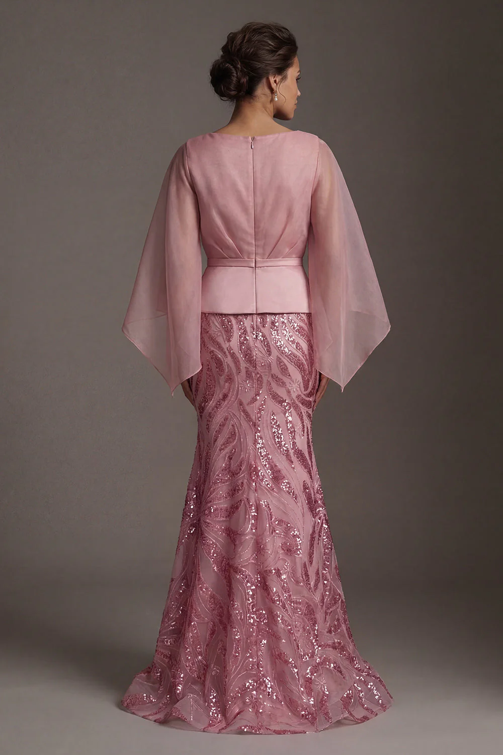 Pink V-Neck Mermaid Sequin Mother of the Bride Dress with Cape Sleeves - Image 2