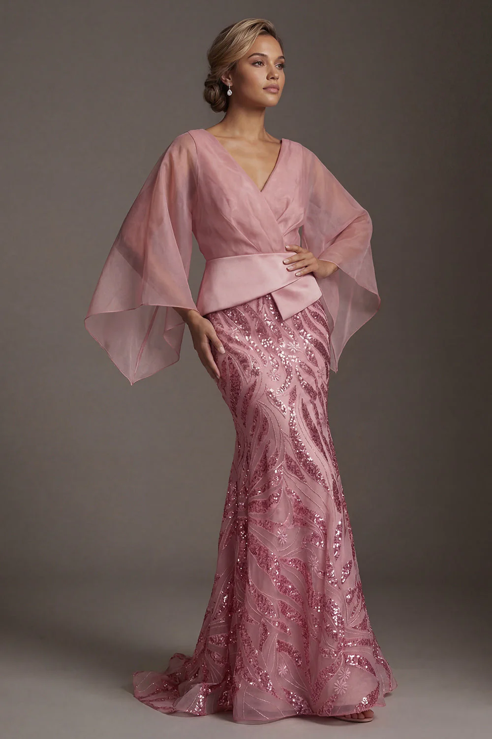 Pink V-Neck Mermaid Sequin Mother of the Bride Dress with Cape Sleeves - Image 3