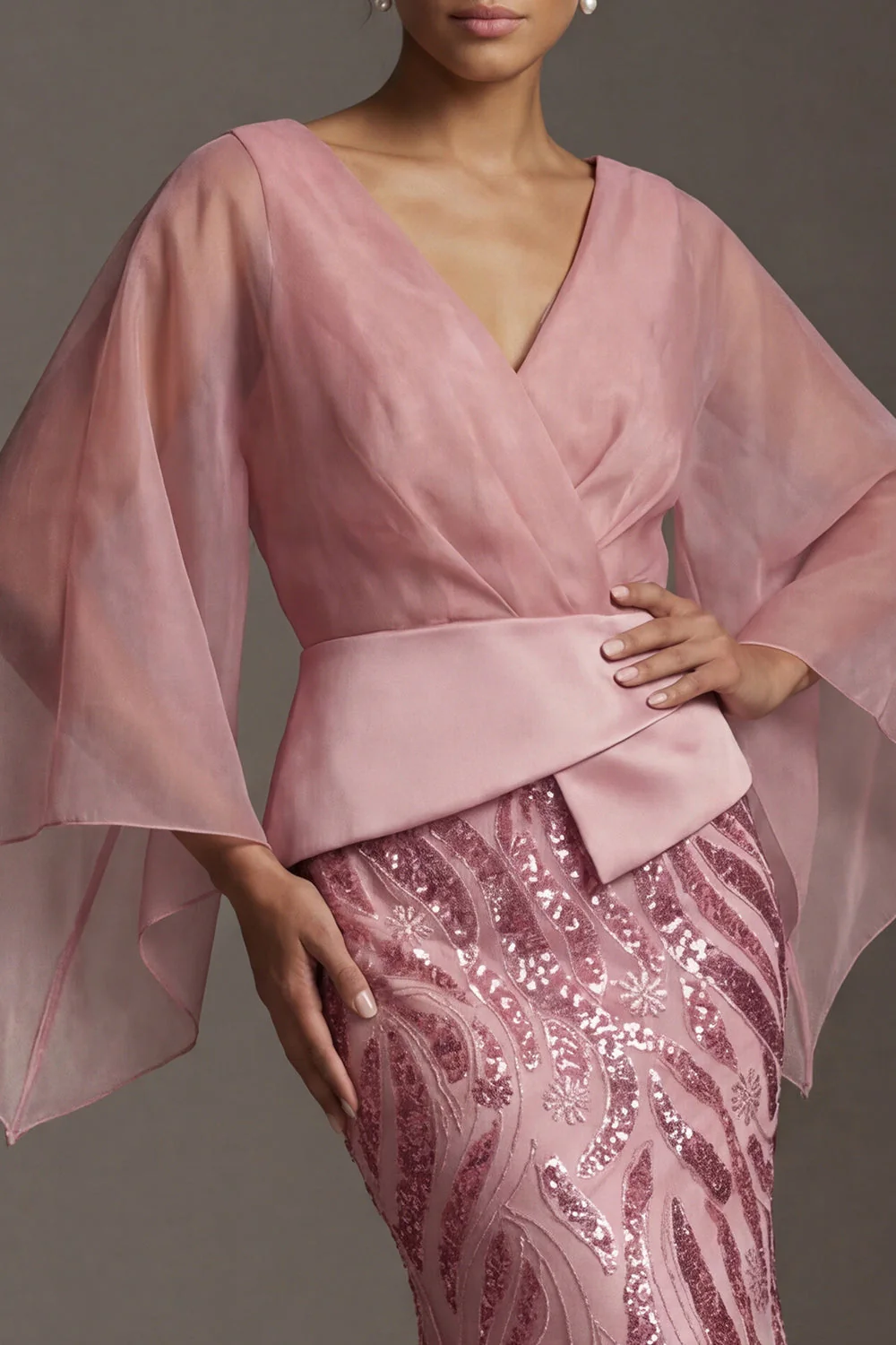 Pink V-Neck Mermaid Sequin Mother of the Bride Dress with Cape Sleeves - Image 4