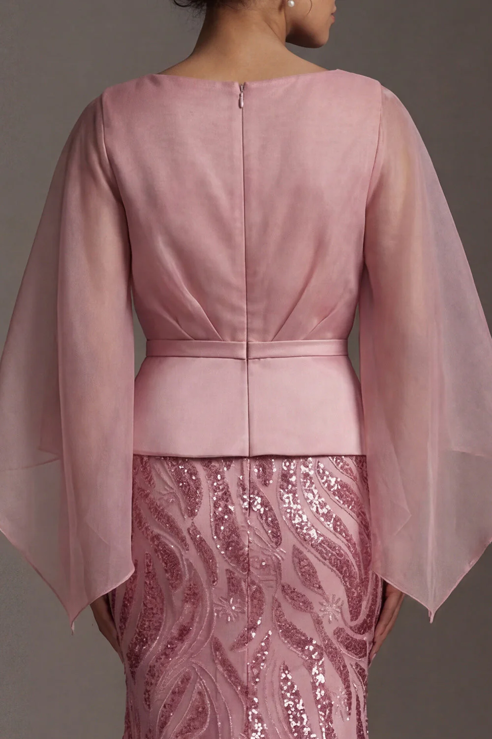 Pink V-Neck Mermaid Sequin Mother of the Bride Dress with Cape Sleeves - Image 5