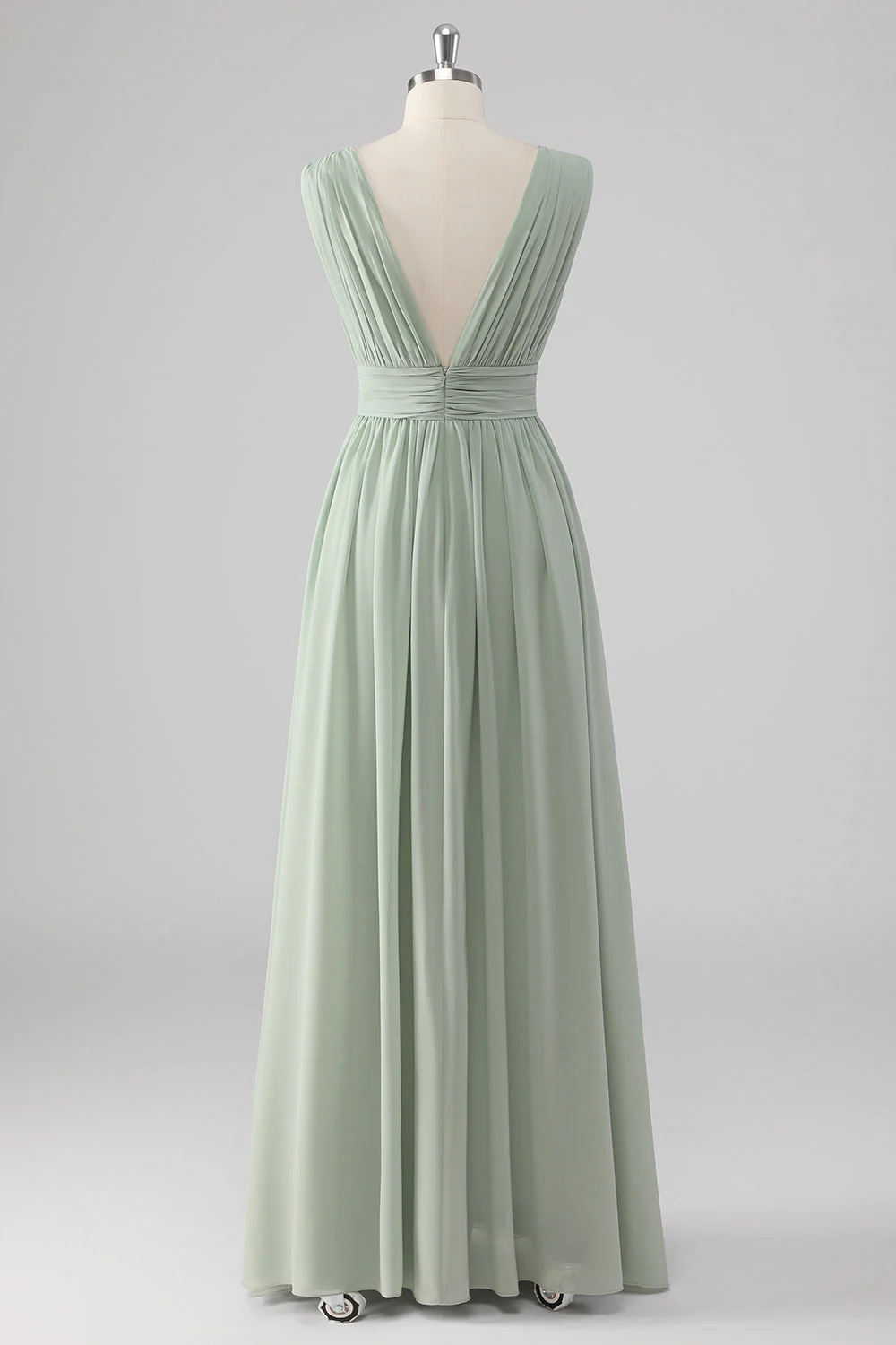 Pleated Chiffon V Neck Long Sage Green Bridesmaid Dress with Slit - Image 2