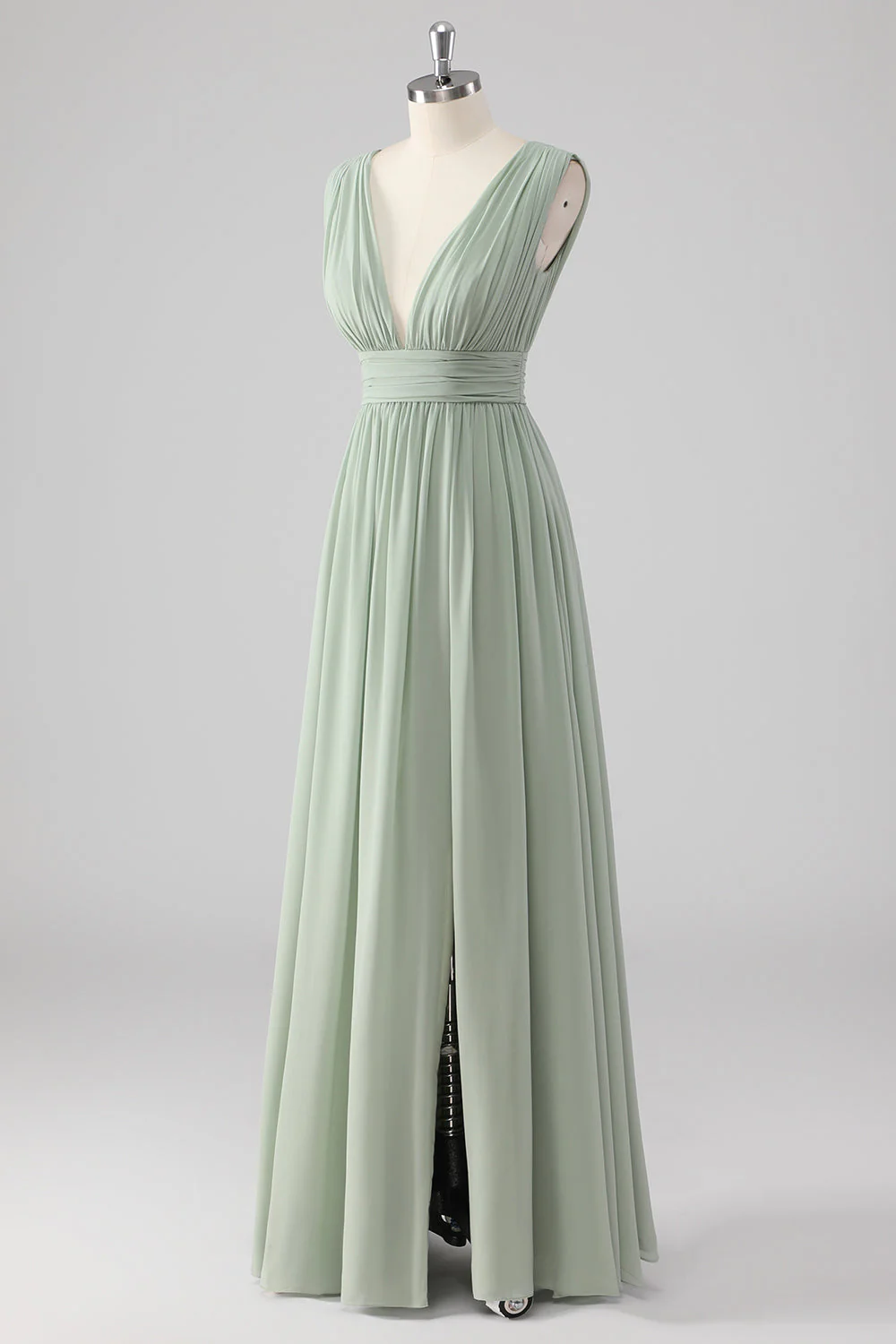 Pleated Chiffon V Neck Long Sage Green Bridesmaid Dress with Slit - Image 3