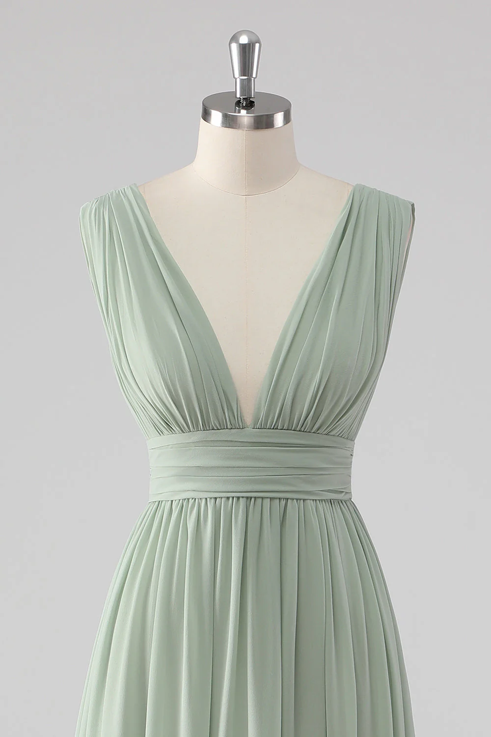 Pleated Chiffon V Neck Long Sage Green Bridesmaid Dress with Slit - Image 4