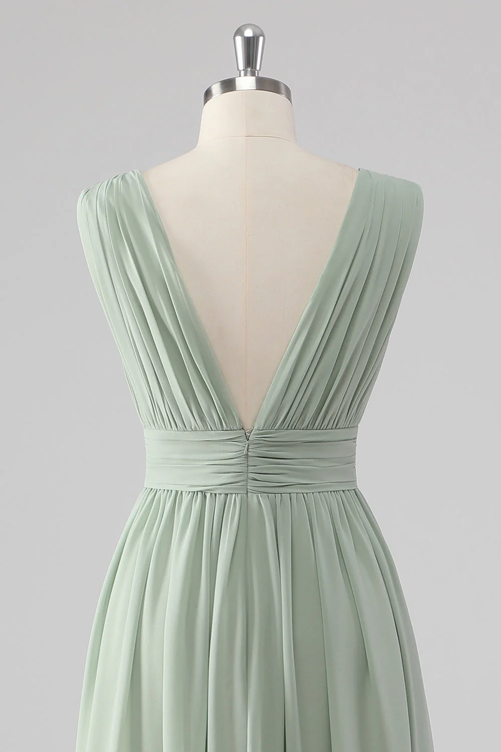Pleated Chiffon V Neck Long Sage Green Bridesmaid Dress with Slit - Image 5