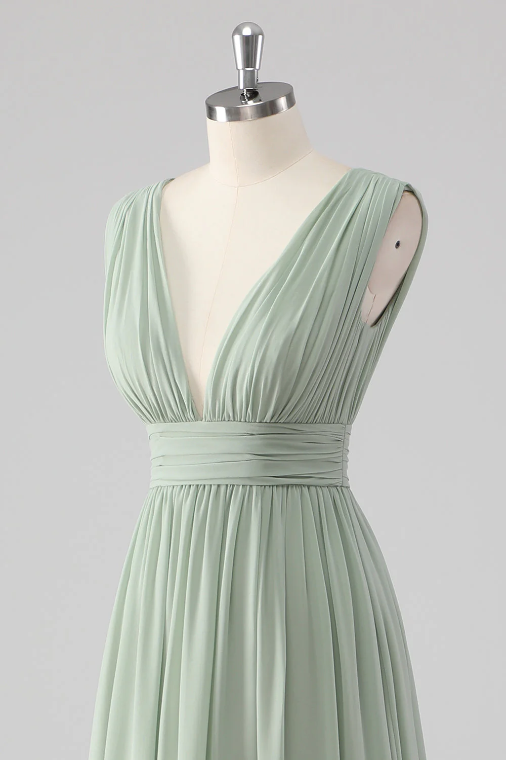 Pleated Chiffon V Neck Long Sage Green Bridesmaid Dress with Slit - Image 6