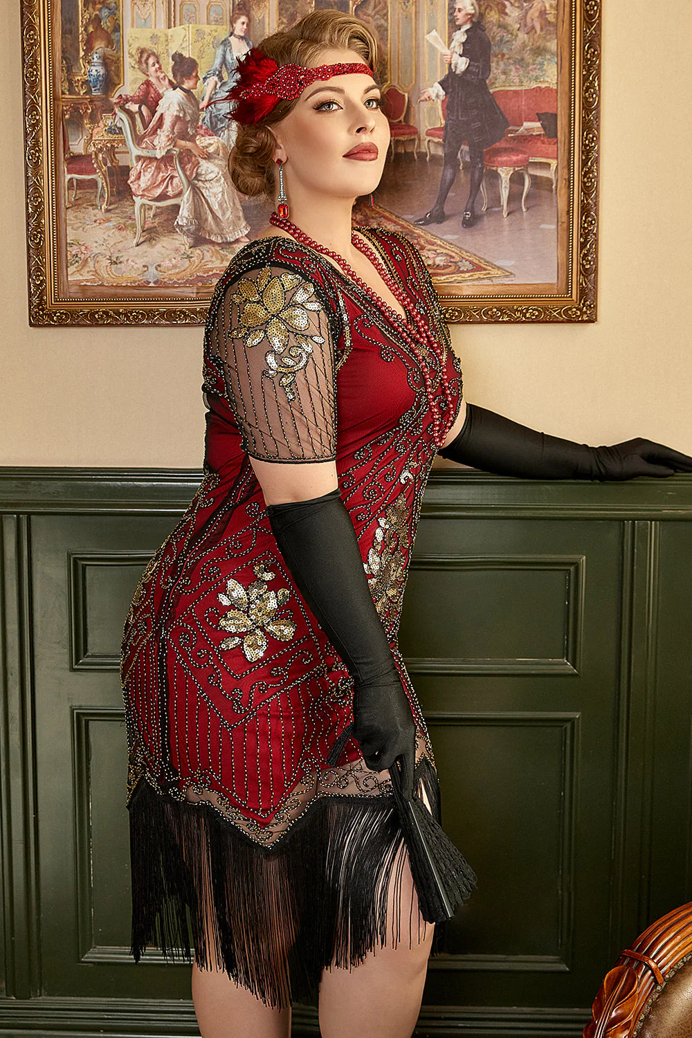 Plus Size 1920s Gatsby Sequin Fringed Paisley Flapper Dress - Image 4