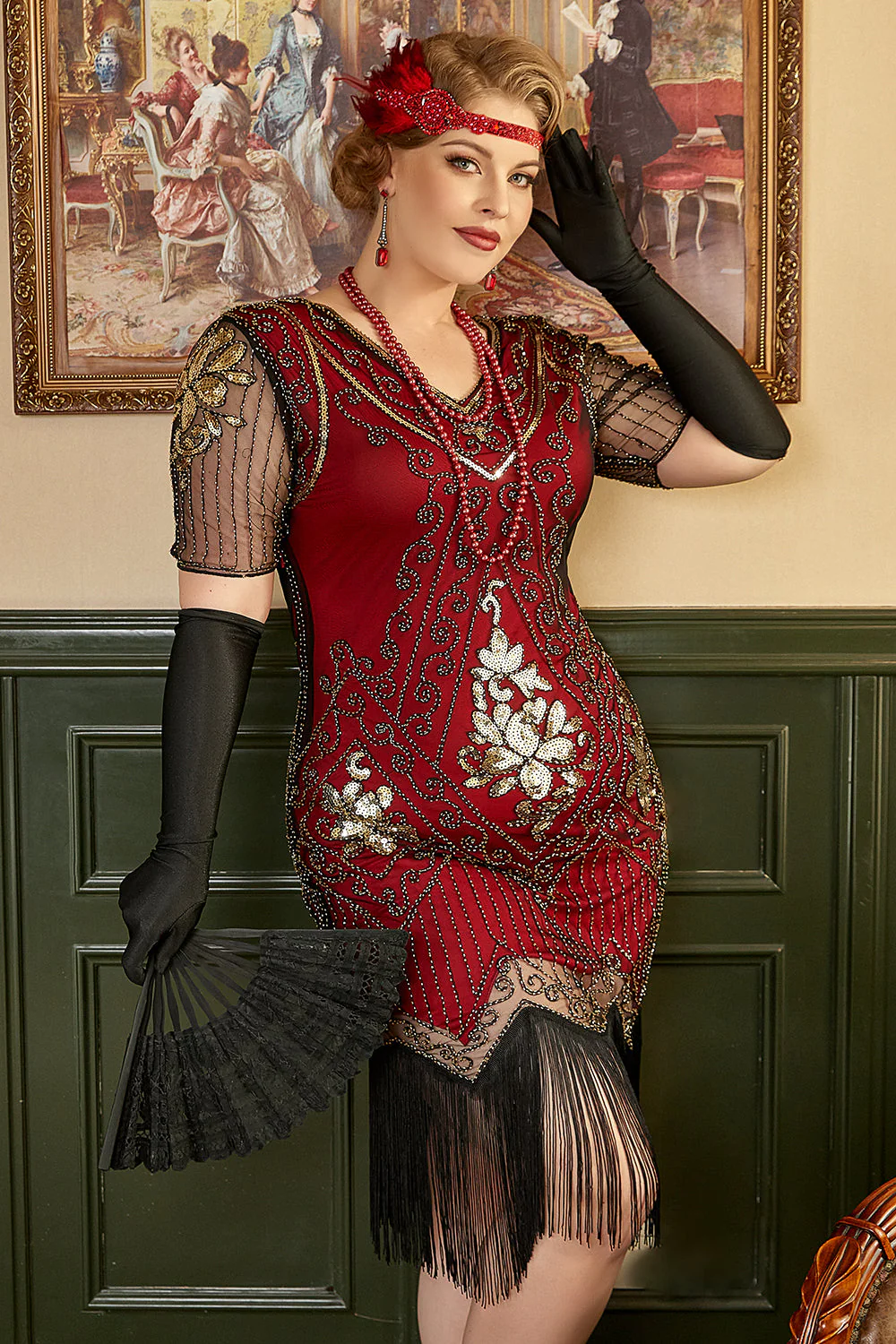 Plus Size 1920s Gatsby Sequin Fringed Paisley Flapper Dress - Image 5