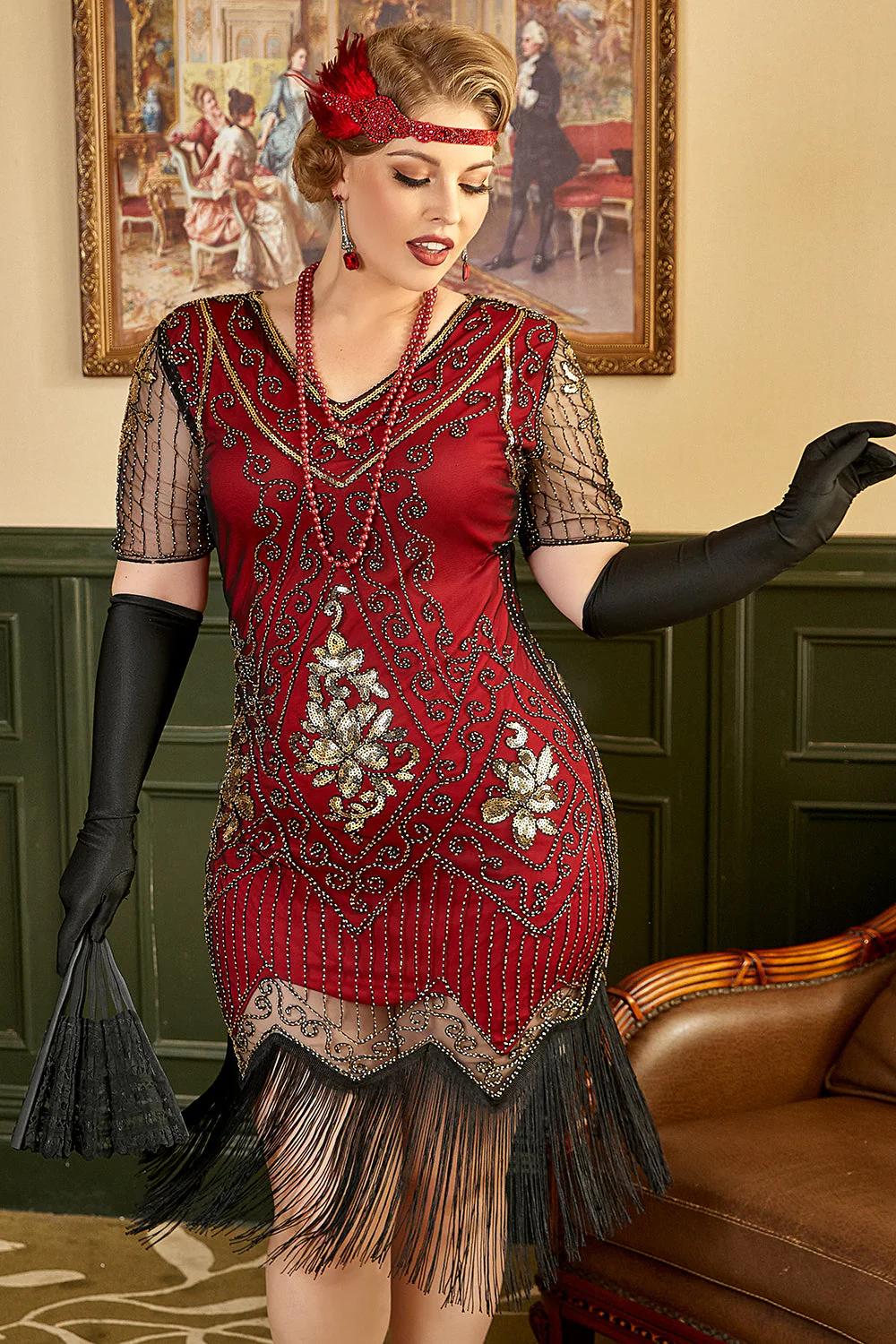 Plus Size 1920s Gatsby Sequin Fringed Paisley Flapper Dress - Image 6