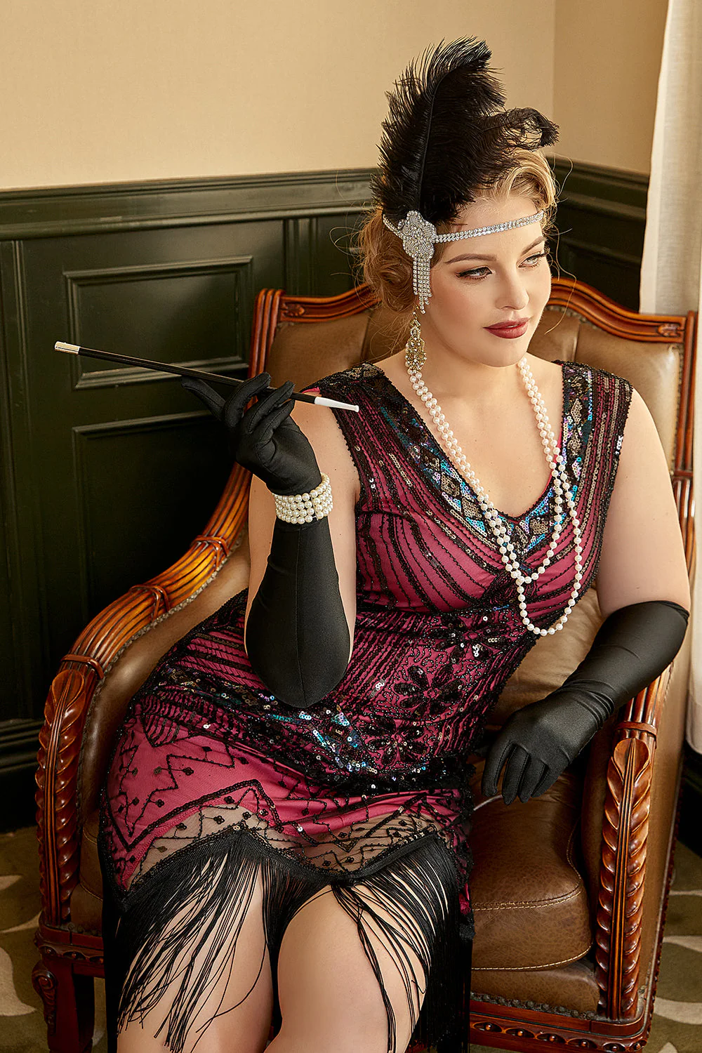 Plus Size V-Neck Fuchsia 1920s Flapper Dress - Image 3