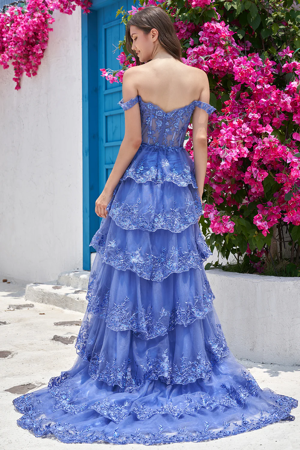 Princess A Line Off the Shoulder Pink Long Prom Dress with Appliques - Image 14
