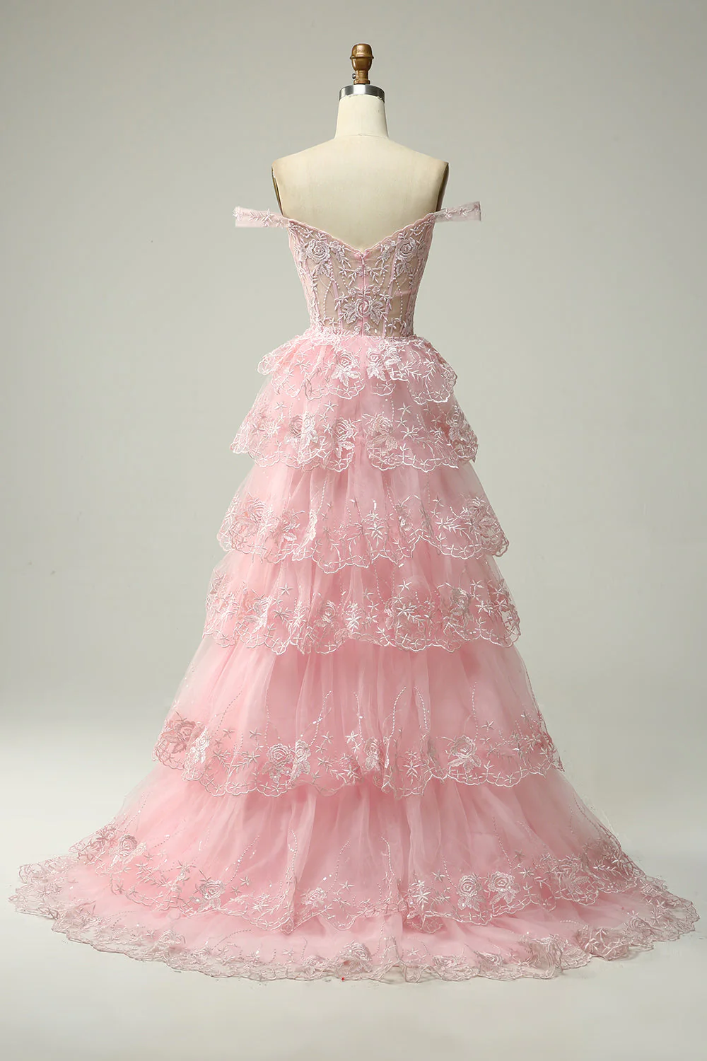 Princess A Line Off the Shoulder Pink Long Prom Dress with Appliques - Image 2