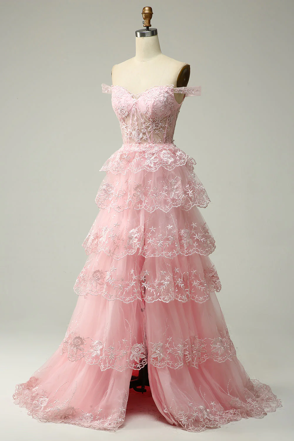 Princess A Line Off the Shoulder Pink Long Prom Dress with Appliques - Image 3