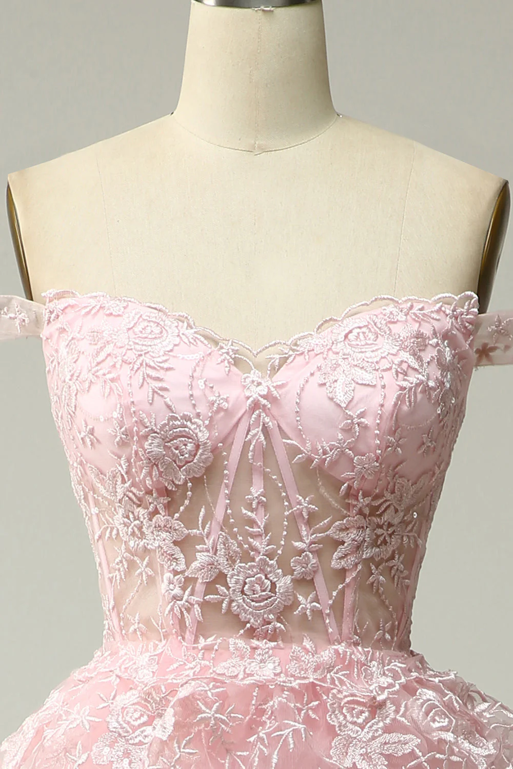 Princess A Line Off the Shoulder Pink Long Prom Dress with Appliques - Image 4