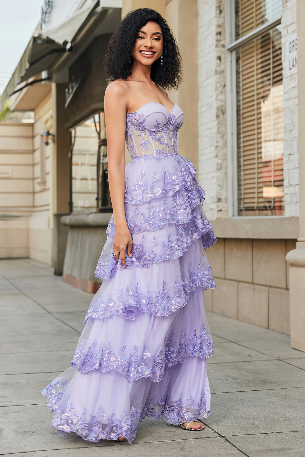 Princess A Line Sweetheart Lavender Corset Prom Dress with Tiered Lace - Image 5
