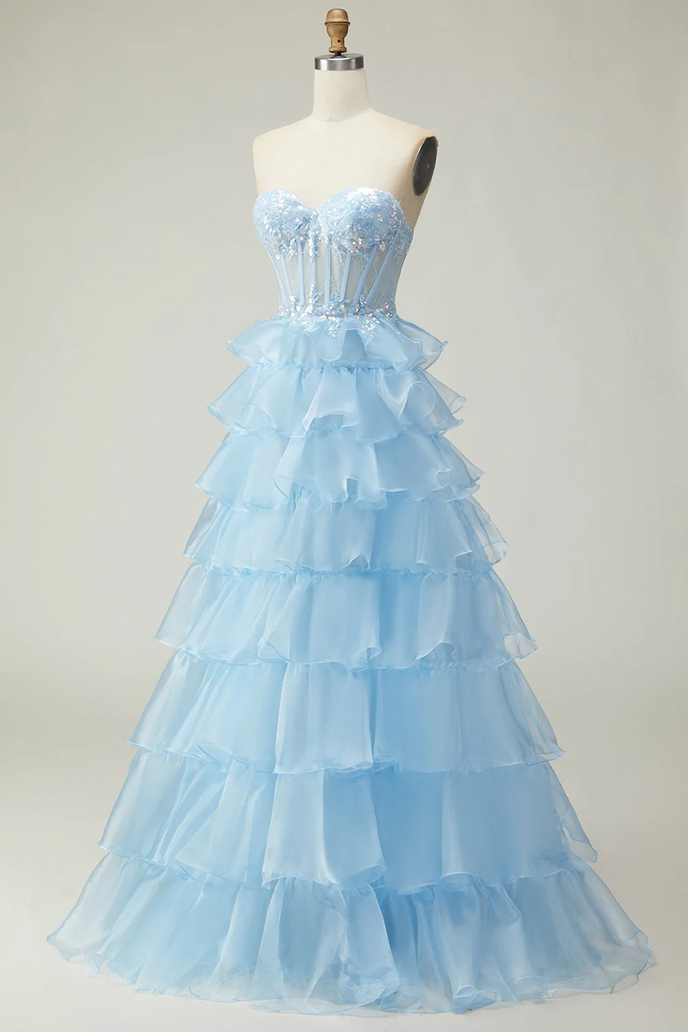 Princess Blue Sweetheart Corset Tiered Sequins Long Prom Dress with Lace Up Back - Image 3