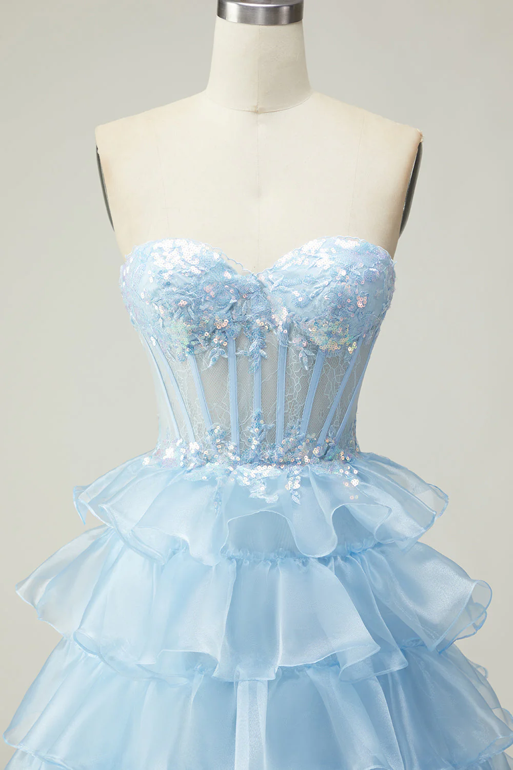 Princess Blue Sweetheart Corset Tiered Sequins Long Prom Dress with Lace Up Back - Image 4