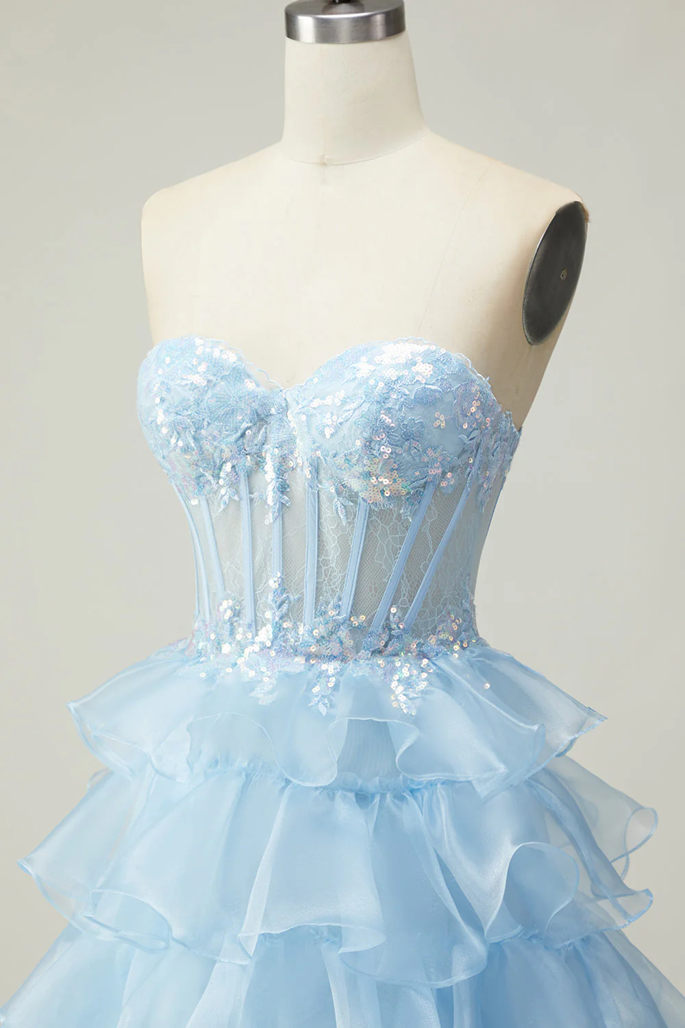 Princess Blue Sweetheart Corset Tiered Sequins Long Prom Dress with Lace Up Back - Image 6