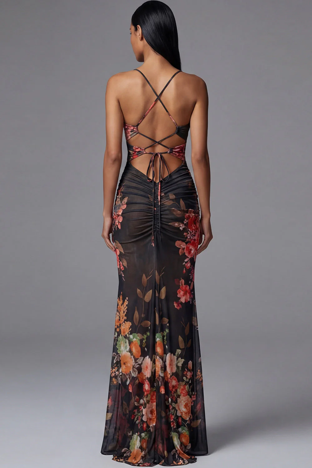 Printed Sheath Cut Out Black Spaghetti Straps Mermaid Long Floral Dress - Image 2