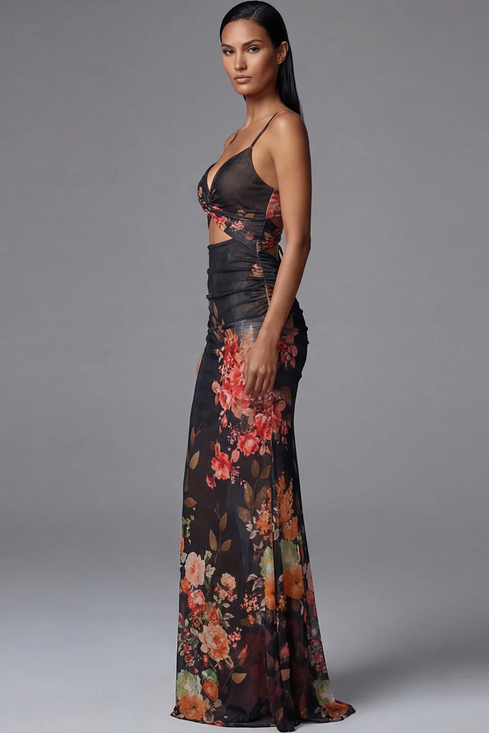 Printed Sheath Cut Out Black Spaghetti Straps Mermaid Long Floral Dress - Image 3