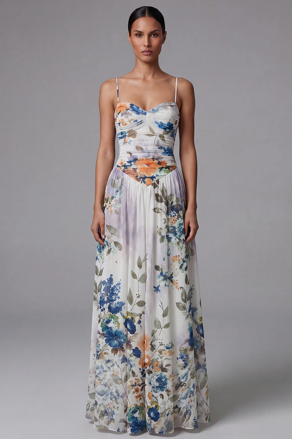 Ivory Printed Spaghetti Straps A Line Floral Dress